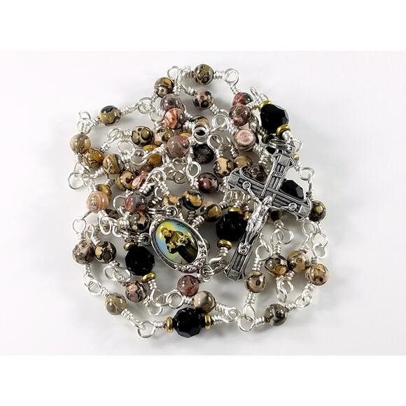 St. Francis of Assisi 5 Decade Rosary, Gemstone & Crystal Beads, Silver Plated - Picture 3 of 10
